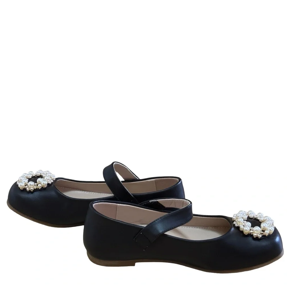 Coutgo Black Ballet Flats Kids Size 4Y Pearl Strap Dress Shoes Chic New